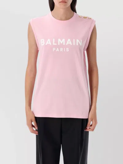 Balmain Logo Button Crew Neck Sleeveless Top In Pink