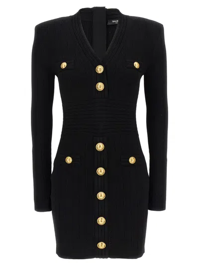 BALMAIN LOGO BUTTON RIBBED DRESS