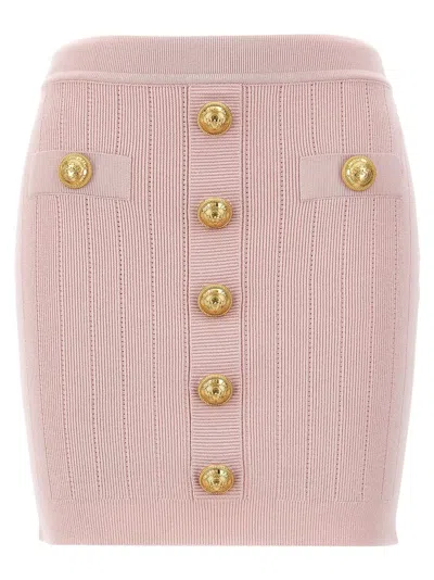 Balmain Knitted Mini Skirt With Embossed Buttons In Pink