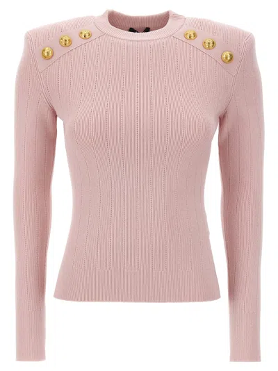 Balmain Knitwear Crew Neck Sweater With Gold-tone Buttons In Pink