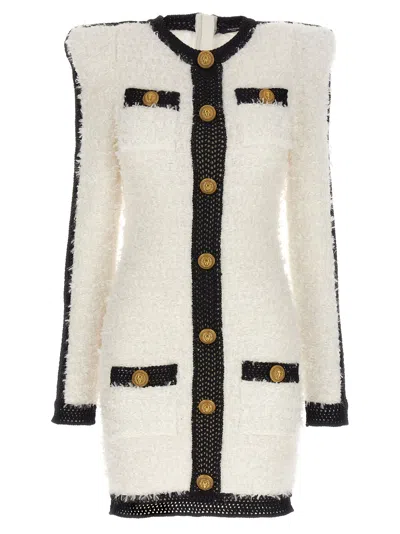 Balmain Tweed Knit Mini Dress With Button Detail In Blanc Noir (white)