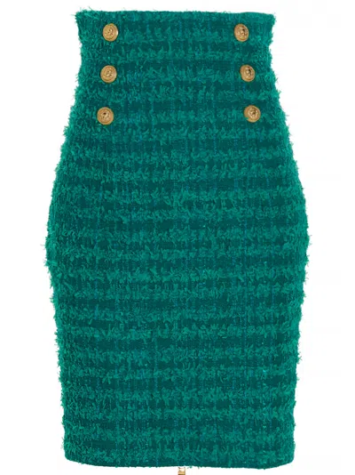 Balmain Logo Button Tweed Skirt In Blue
