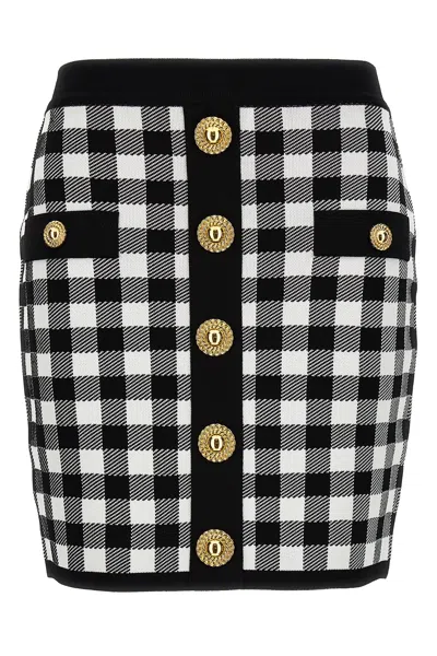Balmain Logo Button Vichy Skirt In Black