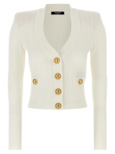 Balmain Logo Buttons Cardigan In White