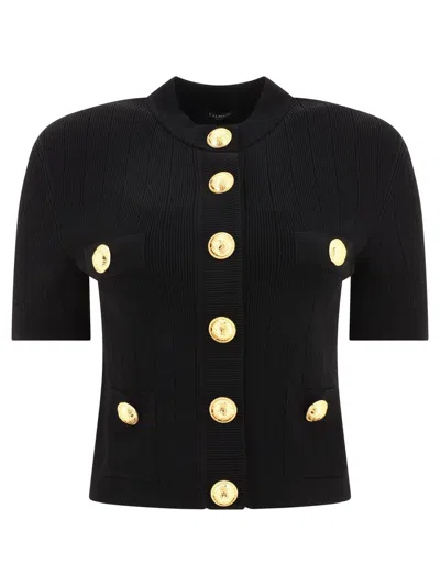 Balmain Black Cropped Cardigan With Jewel Buttons In Viscose Blend Woman
