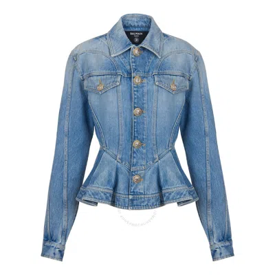 Balmain Peplum Denim Jacket In Blue