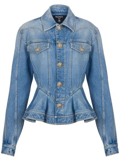 Balmain Peplum Denim Jacket In Blue