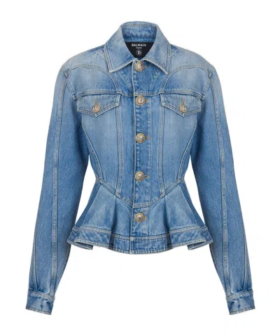 Balmain Peplum Denim Jacket In Blue