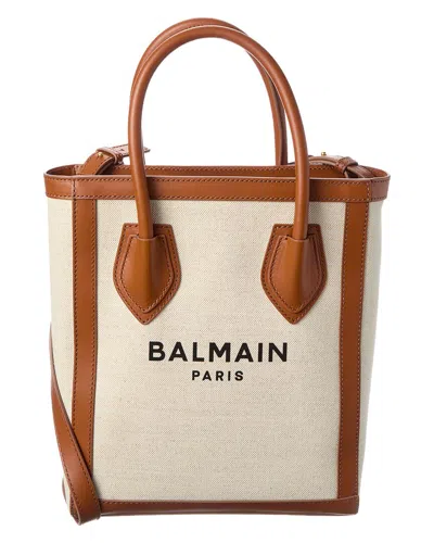 Balmain Logo Canvas & Leather Tote In Beige