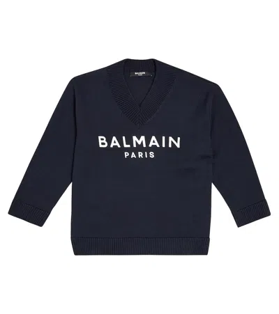 Balmain Kids' Logo Cotton And Wool Sweater In Blue
