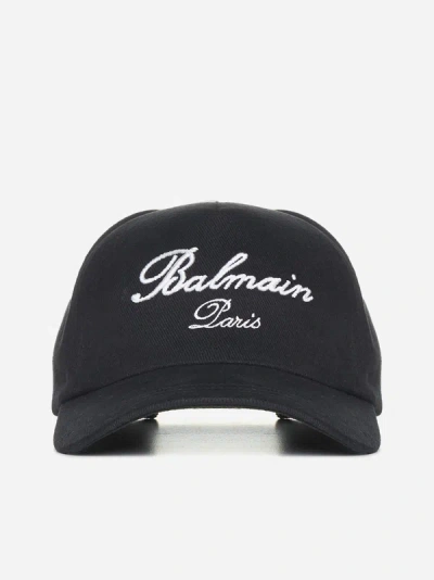 Balmain Logo Cotton Baseball Cap In Black,white