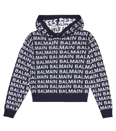 Balmain Kids' Logo Cotton-blend Cropped Hoodie In Blue