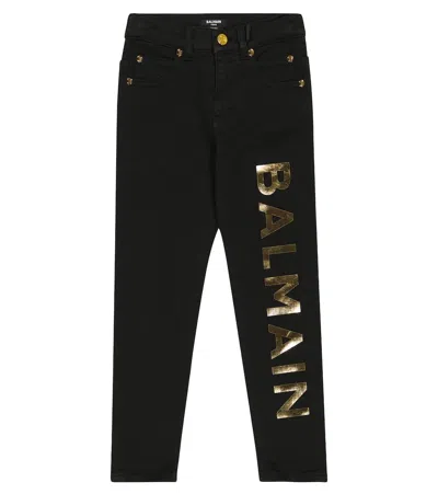 Balmain Kids' Logo Cotton-blend Pants In Black/gold