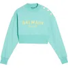 Balmain Logo Cotton Crop Sweatshirt In Pale Green/multi