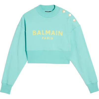 Balmain Logo Cotton Crop Sweatshirt In Pale Green/multi