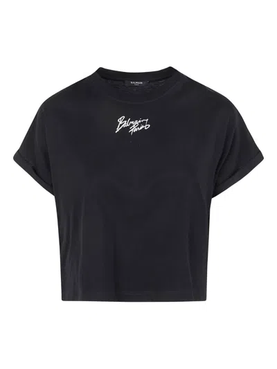 BALMAIN BALMAIN LOGO COTTON CROPPED T-SHIRT