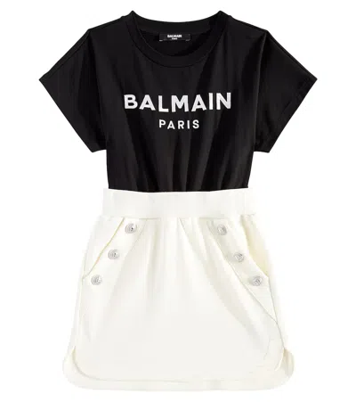 Balmain Kids' Logo Cotton Dress In Ivory/black