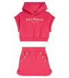 Balmain Logo Cotton Fleece Hoodie And Skirt Set In Pink