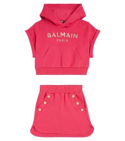 Balmain Kids' Logo Cotton Fleece Hoodie And Skirt Set In Pink