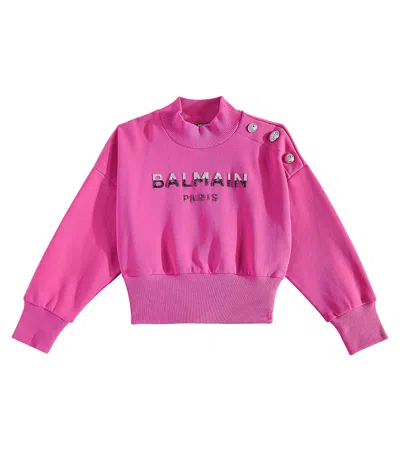 Balmain Kids' Logo Cotton Fleece Sweatshirt In Fuchsia