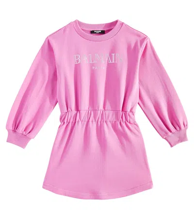 Balmain Kids' Logo Cotton Jersey Sweatshirt Dress In Pink