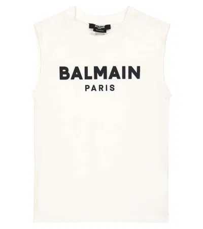 Balmain Kids' Logo Cotton Jersey Tank Top In Bianco