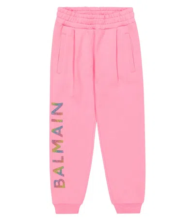 Balmain Kids' Logo Cotton Sweatpants In Antique Pink