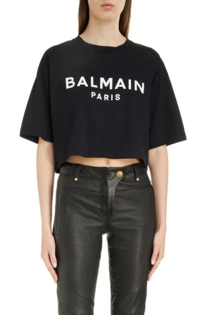 BALMAIN BALMAIN LOGO CROP COTTON GRAPHIC T-SHIRT