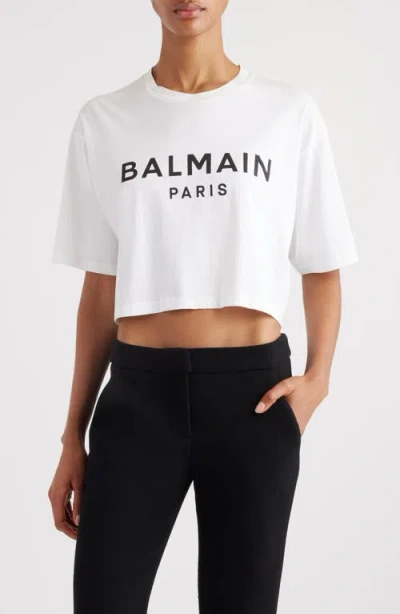 BALMAIN BALMAIN LOGO CROP COTTON GRAPHIC T-SHIRT
