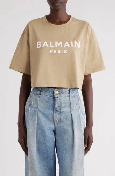 Balmain Logo Crop Cotton Graphic T-shirt In Beige O Tan