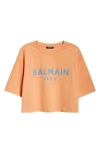 Balmain Logo Crop Cotton Graphic T-shirt In Kcw Peach/ Sky Blue