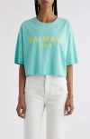Balmain Logo Crop Cotton Graphic T-shirt In Blue
