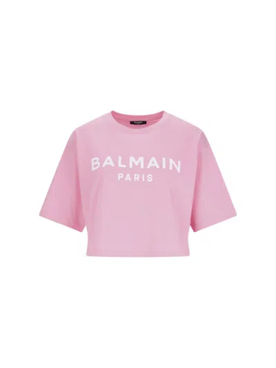 BALMAIN LOGO CROP T-SHIRT - PINK