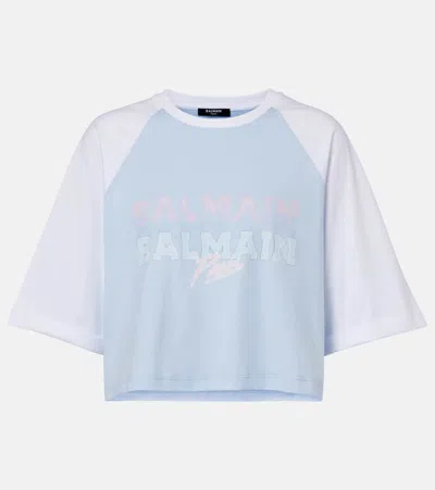 Balmain Paris Print Crew Neck Cropped T-shirt In Blue