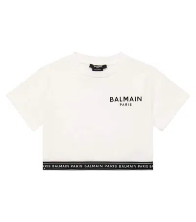 Balmain Kids' Logo Cropped Cotton Jersey T-shirt In 100ne Whiteblk