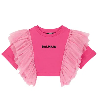 Balmain Kids' T-shirt Aus Baumwolle In Ciclamino/rosa