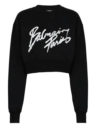 Balmain Logo Cropped Sweatshirt In Black