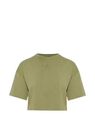 Balmain Logo Embroidered Cropped T-shirt In Green
