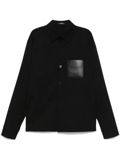 Balmain Black Shirt With Classic Collar And Logo Detail On The Pocket In Wool Stretch Man