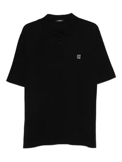 Balmain Navy Embroidered Cotton Polo In Black