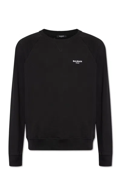 Balmain Logo Crewneck Cotton Sweatshirt In Black