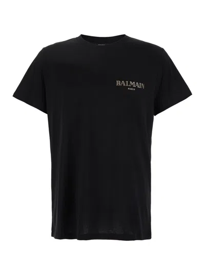 Balmain Black Crewneck T-shirt With Logo Print In Cotton Man