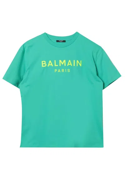 Balmain Kids' Logo Detailed Crewneck T-shirt In Verde