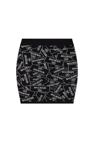 Balmain Label Jacquard Mini Knit Skirt In Black