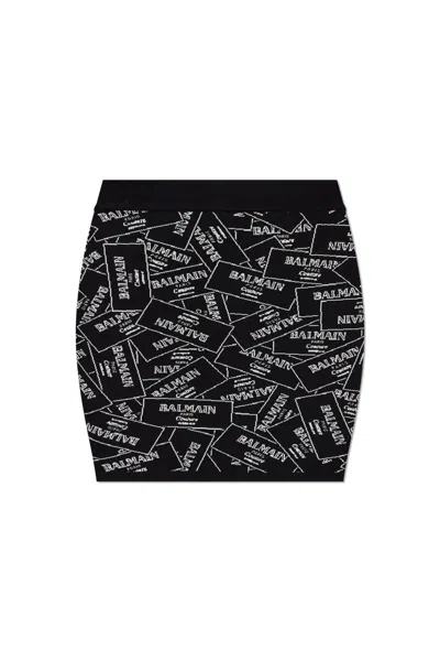 Balmain Label Jacquard Mini Knit Skirt In Black