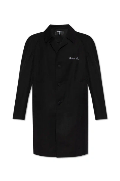 Balmain Logo Detailed Single Breasted Coat In Black