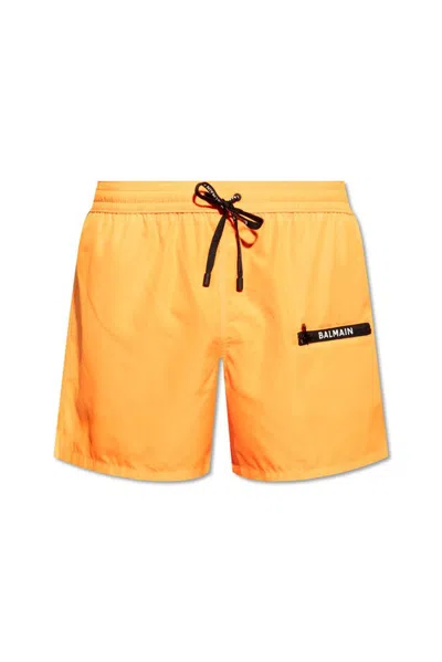 Balmain Logo Detailed Swim Shorts In Yellow