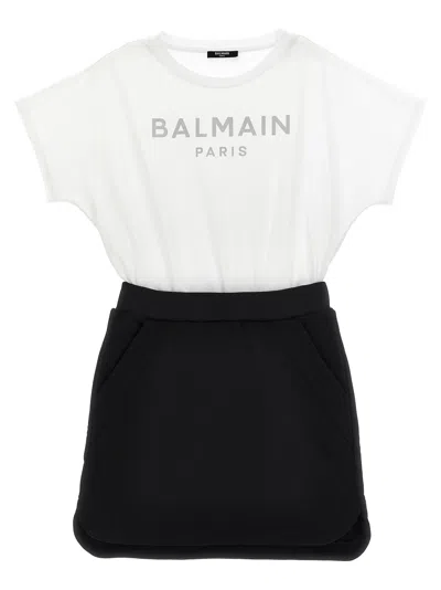 Balmain Kids' Logo Dress In White/black