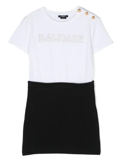 Balmain Kids' Little Girl's & Girl's Embellished Logo Short-sleeve Dress In White Blue