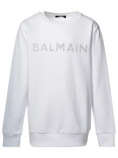 Balmain Kids' Logo Embellished Crewneck Sweatshirt In White/silver